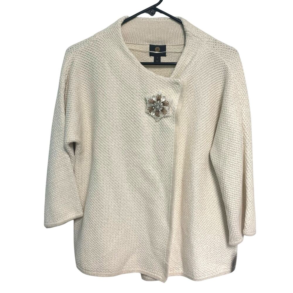 JM Collection Women's Brooch Topper Eggshell Cotton Blend Cardigan Top Size S